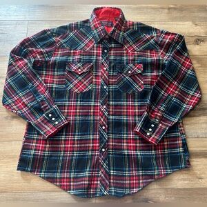 Vintage 80s Rugged Western Wear red black yellow tartan plaid pearl snap shirt